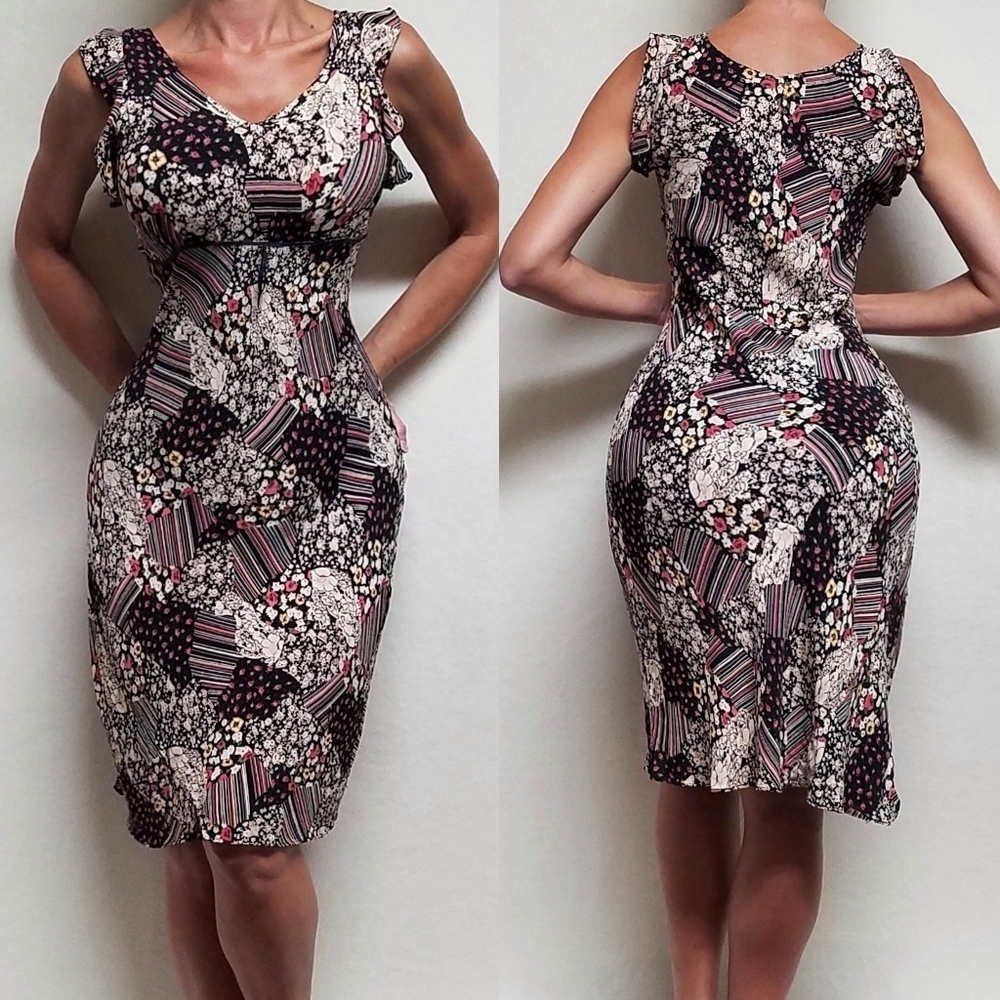 90s Vintage Her Style Floral Striped Faux Patchwork Butterfly Sleeve Midi Dress